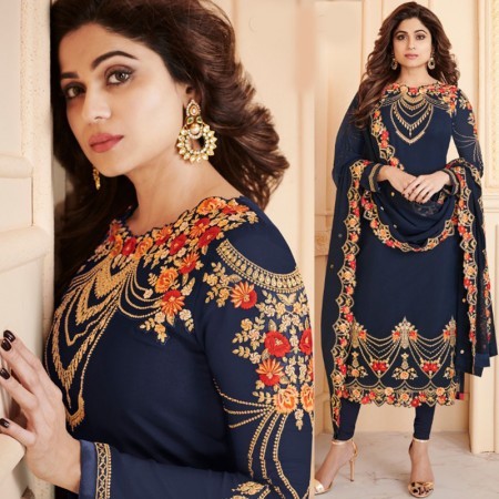 Blue Georgette Embroidery Churidar Salwar Kameez