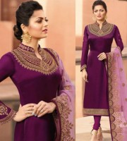 Embroidered Churidar Suit Purple
